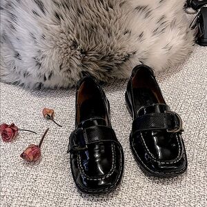 Born Black Patent Leather Buckle Comfort Soles Slip On Loafers